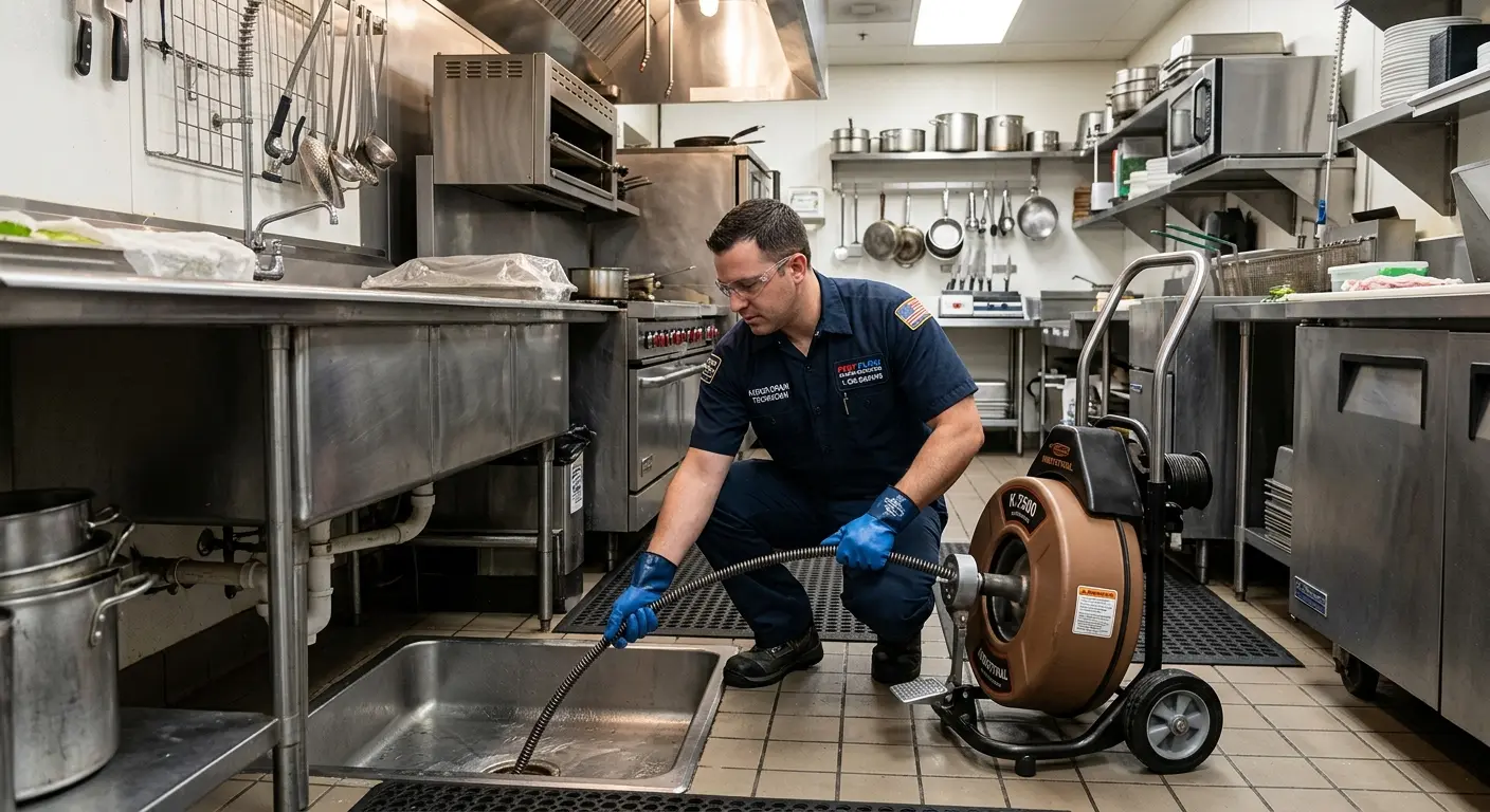 Commercial drain cleaning service in a restaurant kitchen in Beachwood