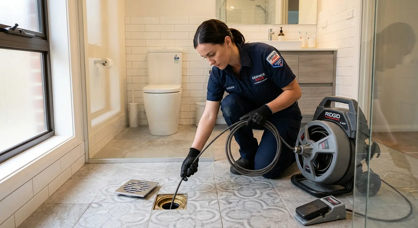 Technician clearing a bathroom floor drain for Sewer Line Replacement in Beachwood